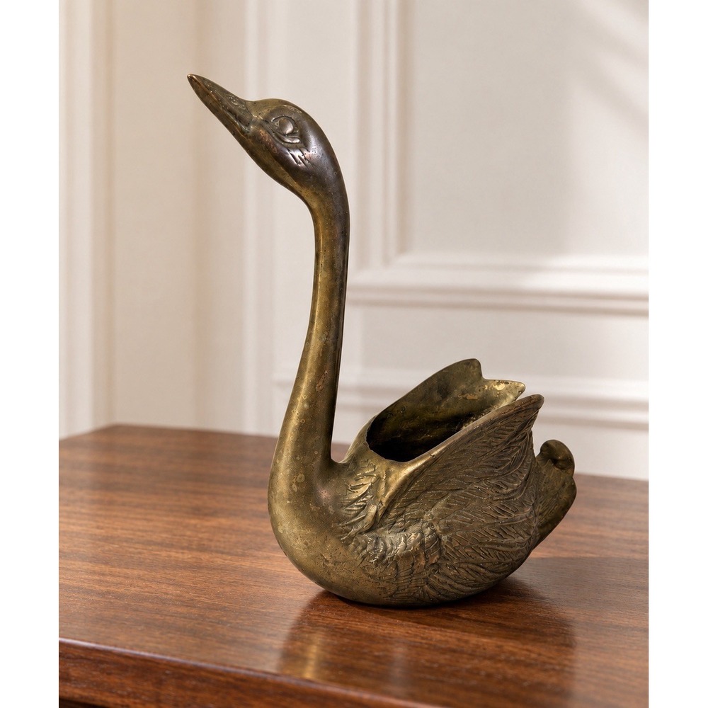 Vintage Brass Swan Figurine 8" Long Neck Bird Mini Planter MCM Regency Decor